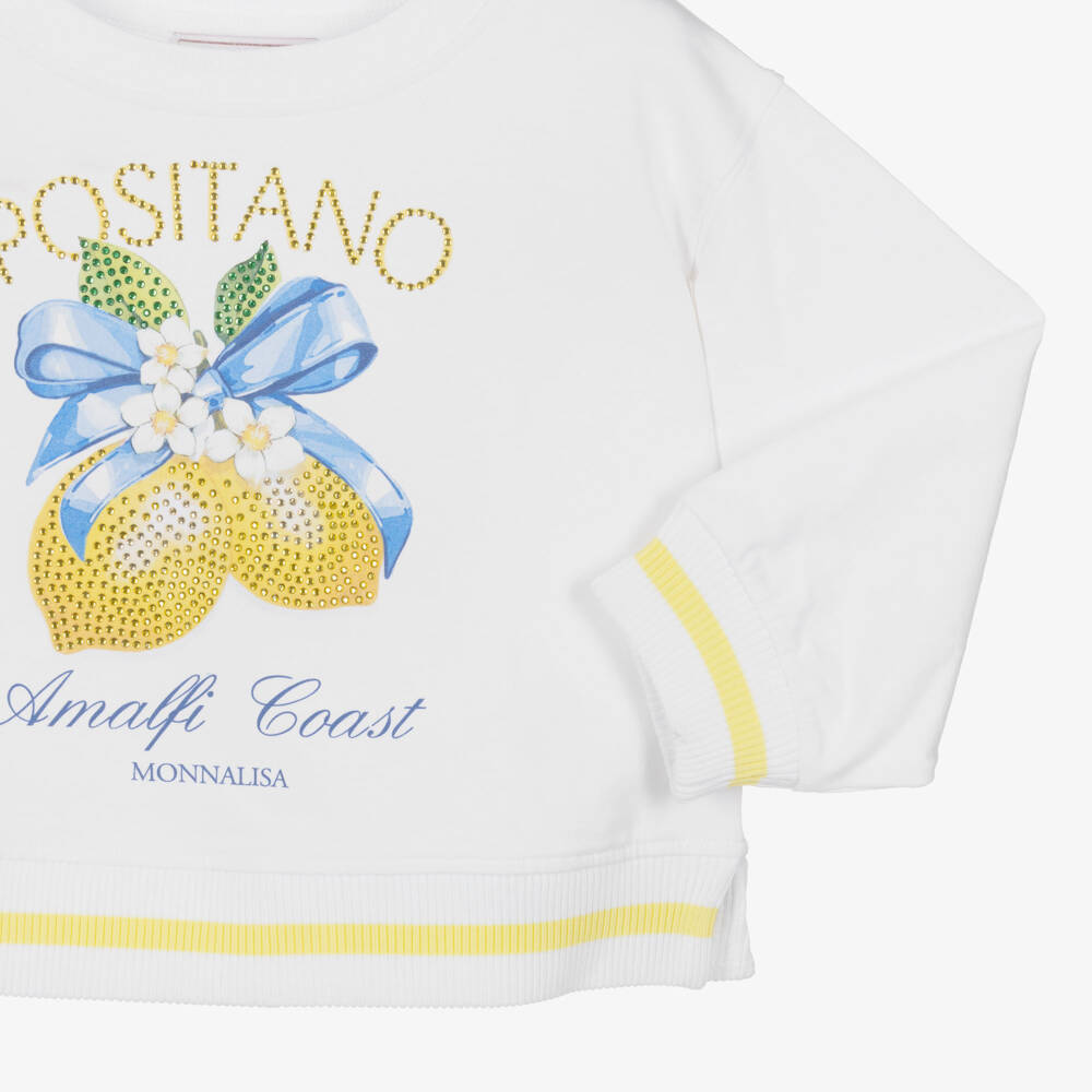 Monnalisa-Girls White Cotton Diamanté Positano & Lemons Sweatshirt | Childrensalon
