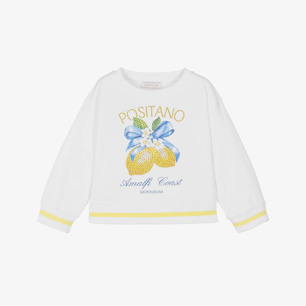 Monnalisa-Girls White Cotton Diamanté Positano & Lemons Sweatshirt | Childrensalon