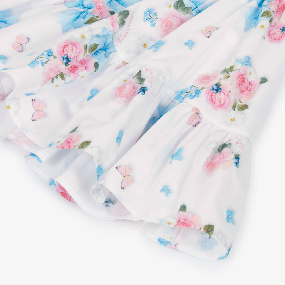 Monnalisa-Girls White Cotton Dress with Pink Florals & Blue Bows | Childrensalon