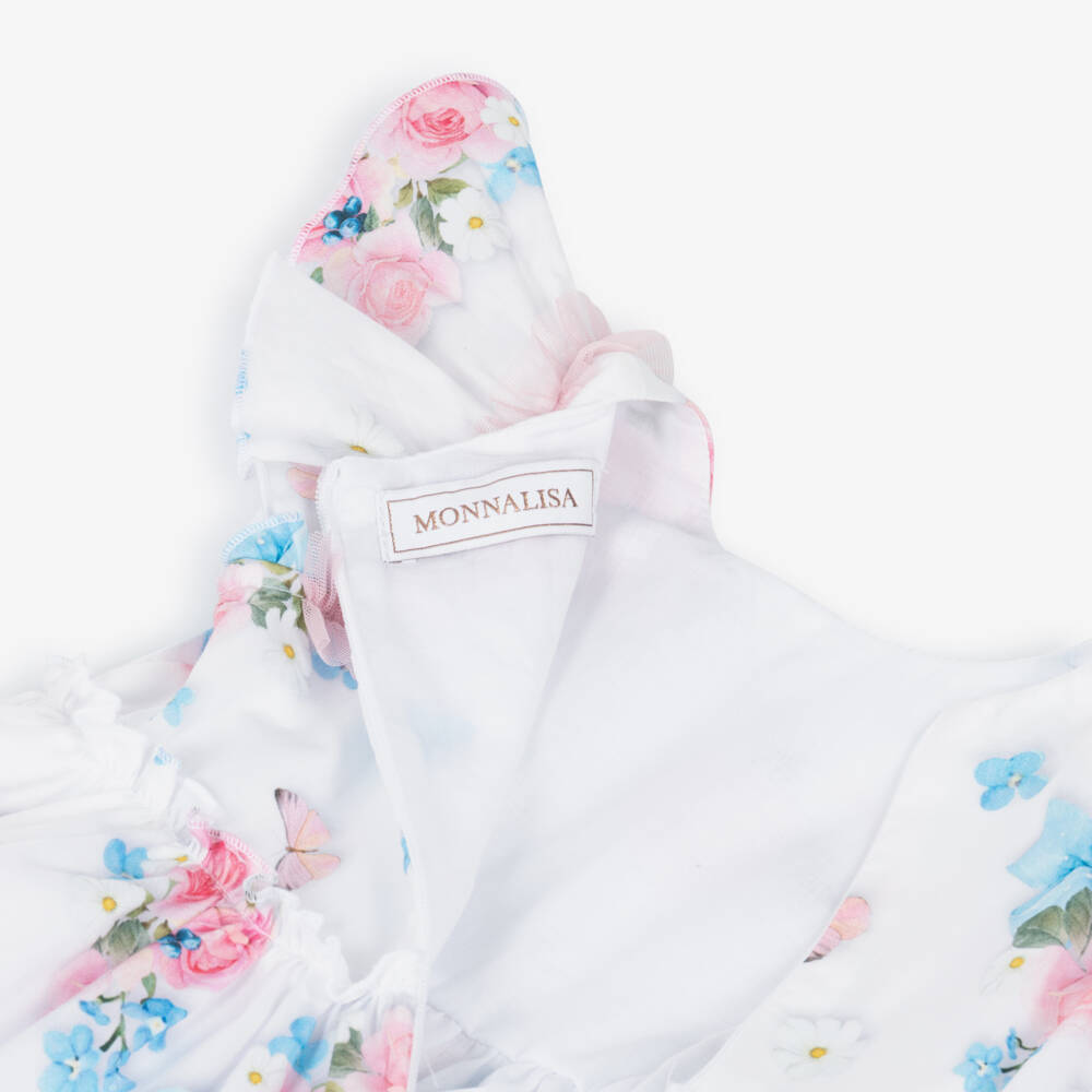 Monnalisa-Girls White Cotton Dress with Pink Florals & Blue Bows | Childrensalon