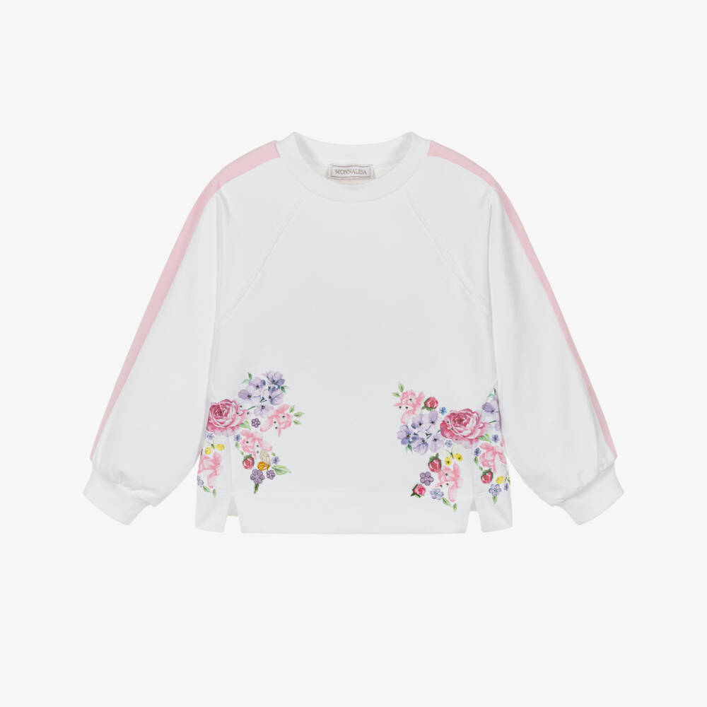Monnalisa-Girls White Cotton Floral Print Sweatshirt with Diamantés | Childrensalon