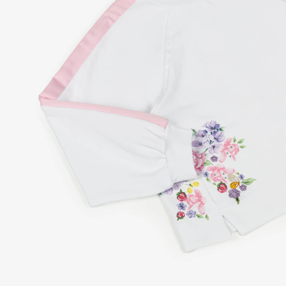 Monnalisa-Girls White Cotton Floral Print Sweatshirt with Diamantés | Childrensalon