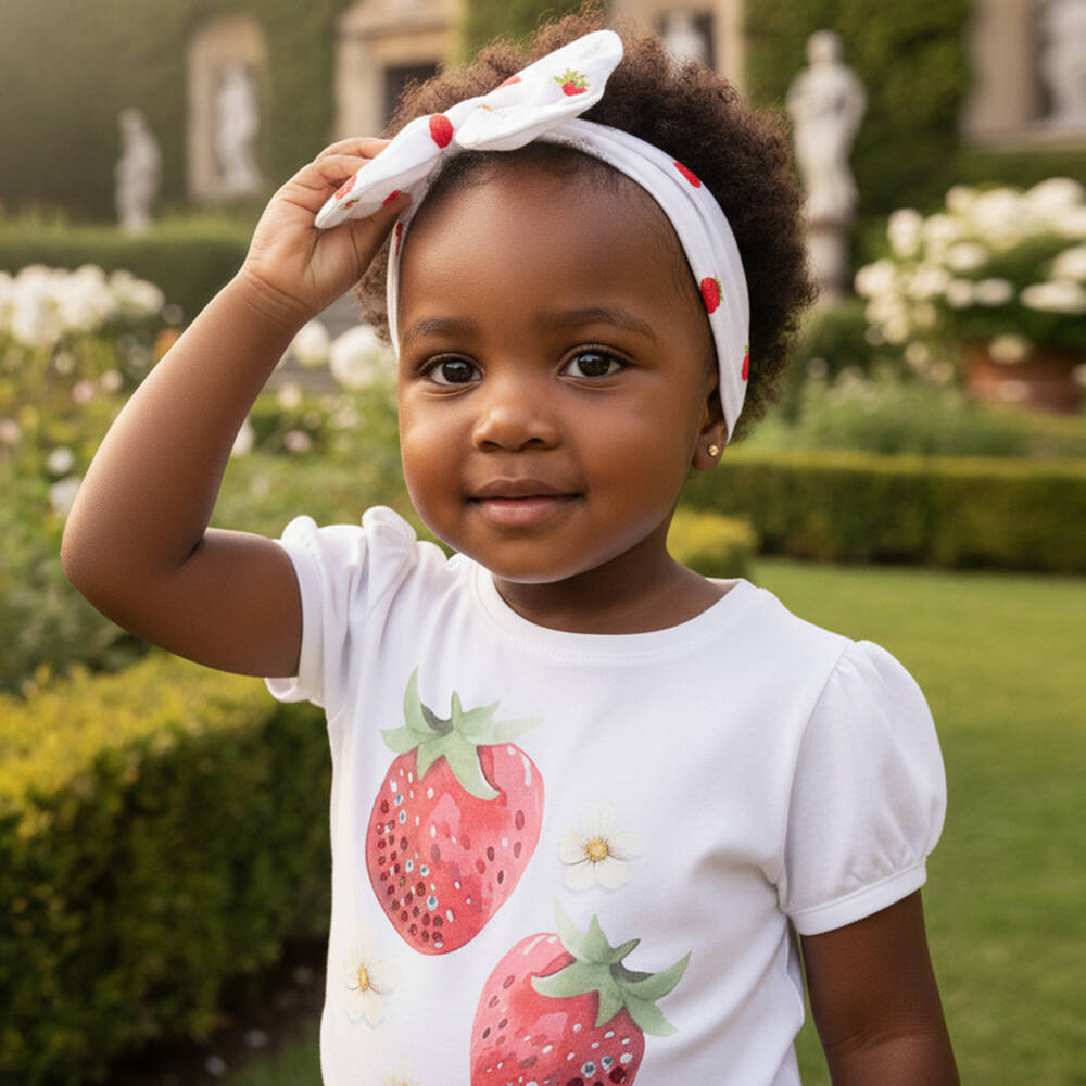 Monnalisa-Girls White Cotton Headband with Strawberry Embroidery | Childrensalon