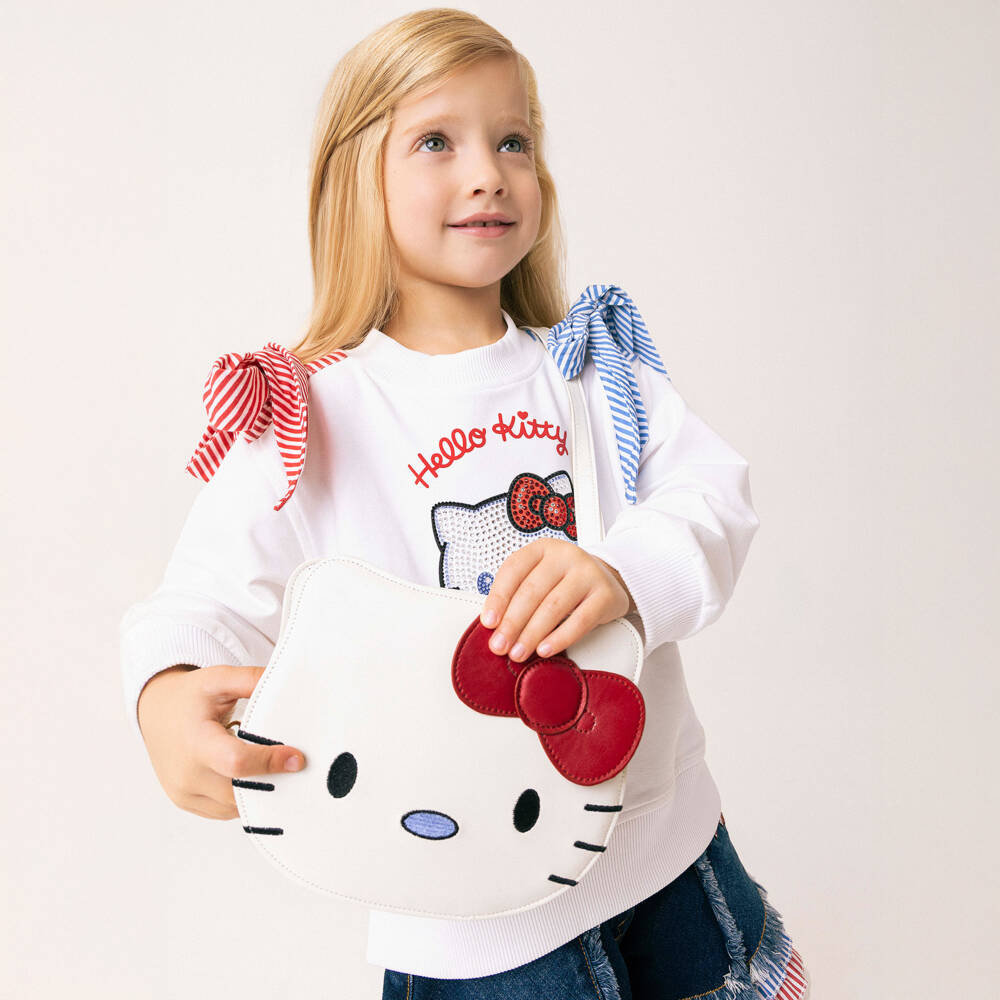 Monnalisa-Свитшот белый хлопковый Hello Kitty для девочек | Childrensalon