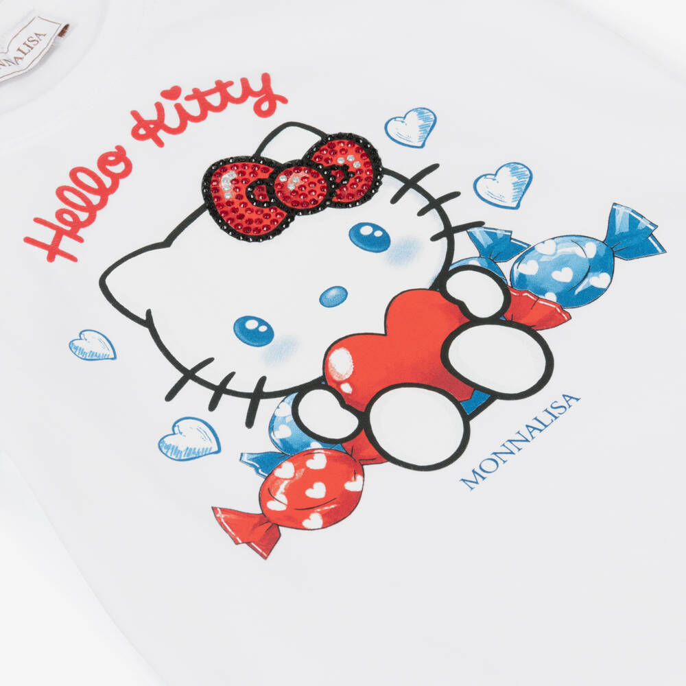 Monnalisa-Girls White Cotton Hello Kitty T-Shirt | Childrensalon