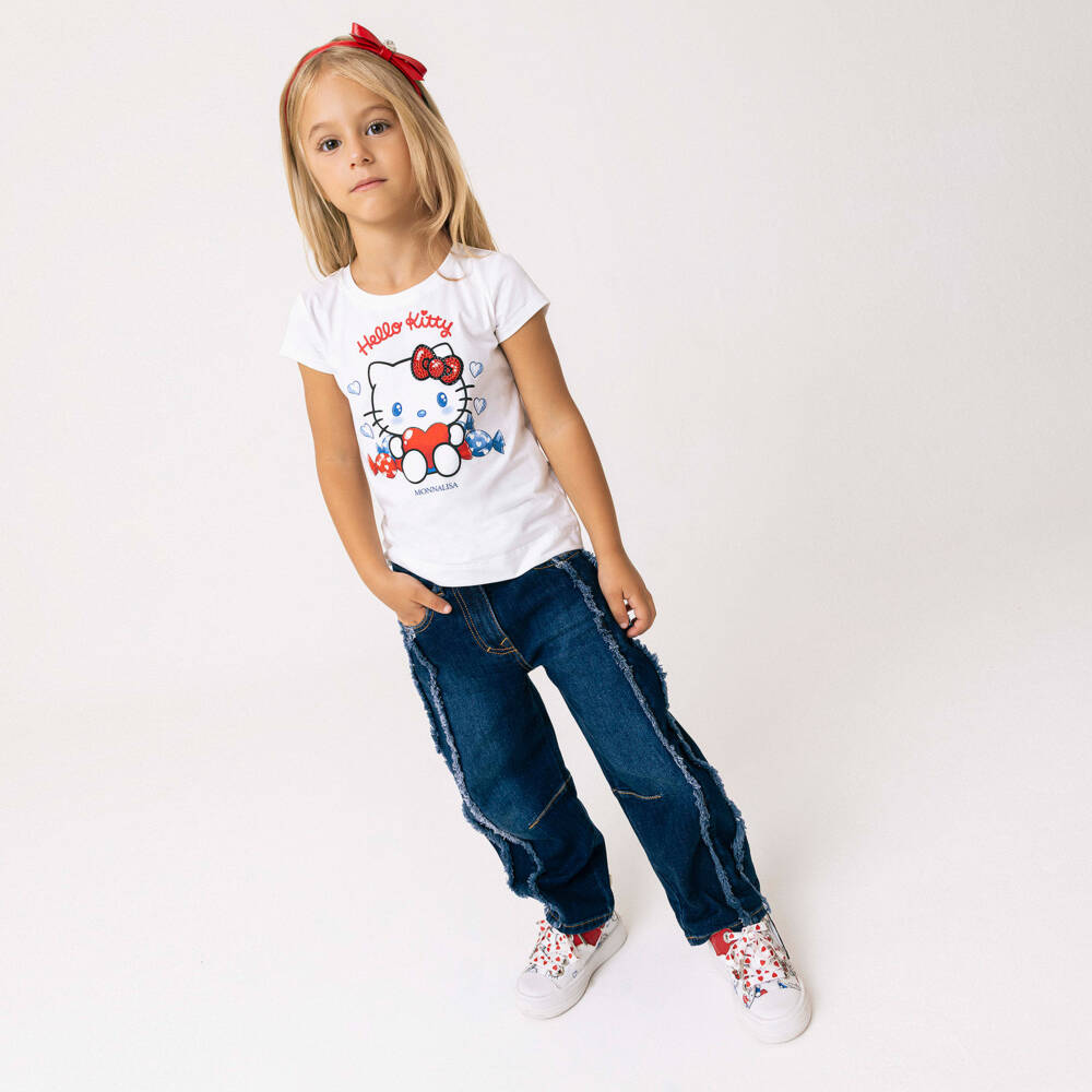 Monnalisa-Girls White Cotton Hello Kitty T-Shirt | Childrensalon