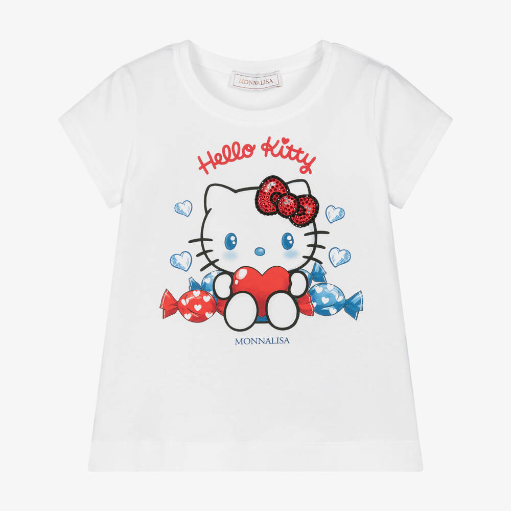 Monnalisa-Girls White Cotton Hello Kitty T-Shirt | Childrensalon