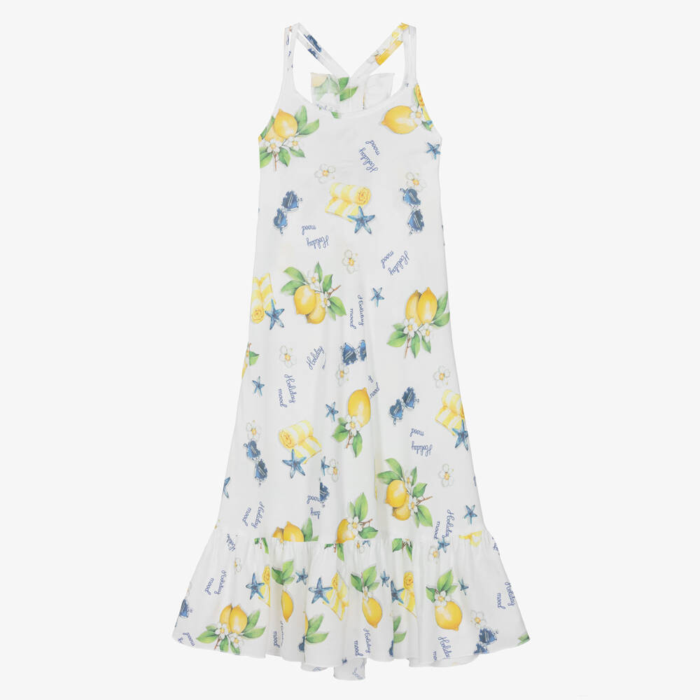 Monnalisa-Girls White Cotton Holiday Print Beach Dress | Childrensalon