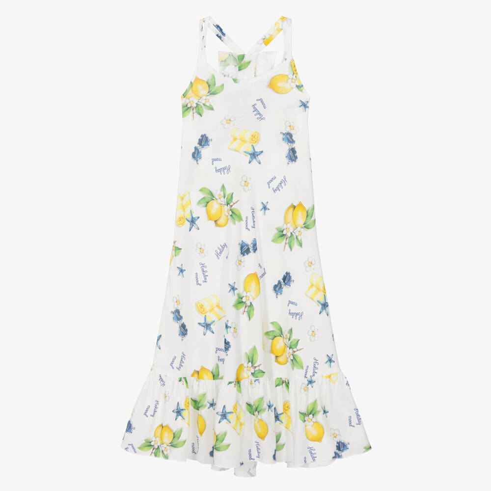 Monnalisa-Girls White Cotton Holiday Print Beach Dress | Childrensalon