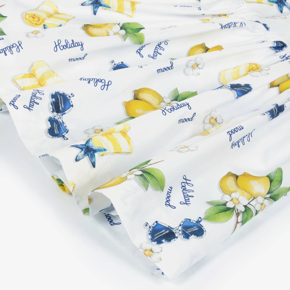 Monnalisa-Girls White Cotton Holiday Print Belted Dress | Childrensalon