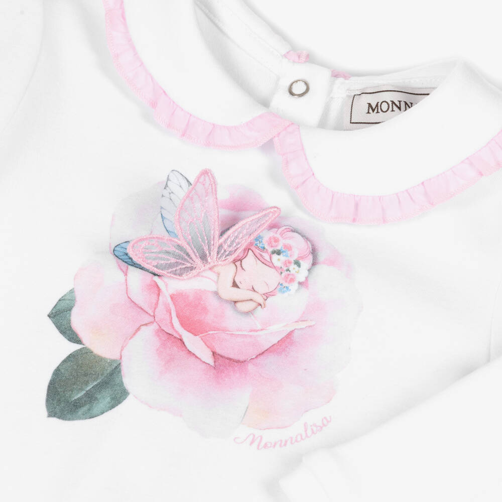 Monnalisa-Girls White Cotton Jersey Babygrow with Pink Fairy Print | Childrensalon