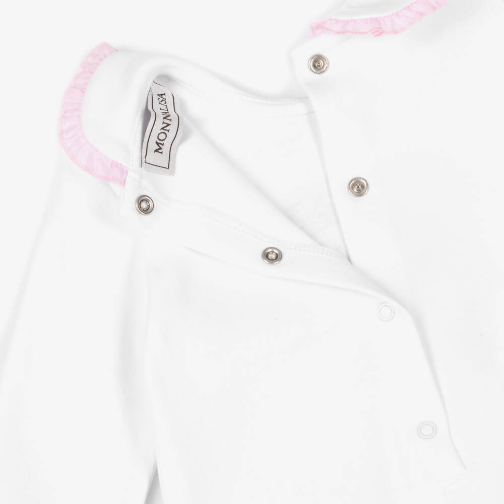 Monnalisa-Girls White Cotton Jersey Babygrow with Pink Fairy Print | Childrensalon