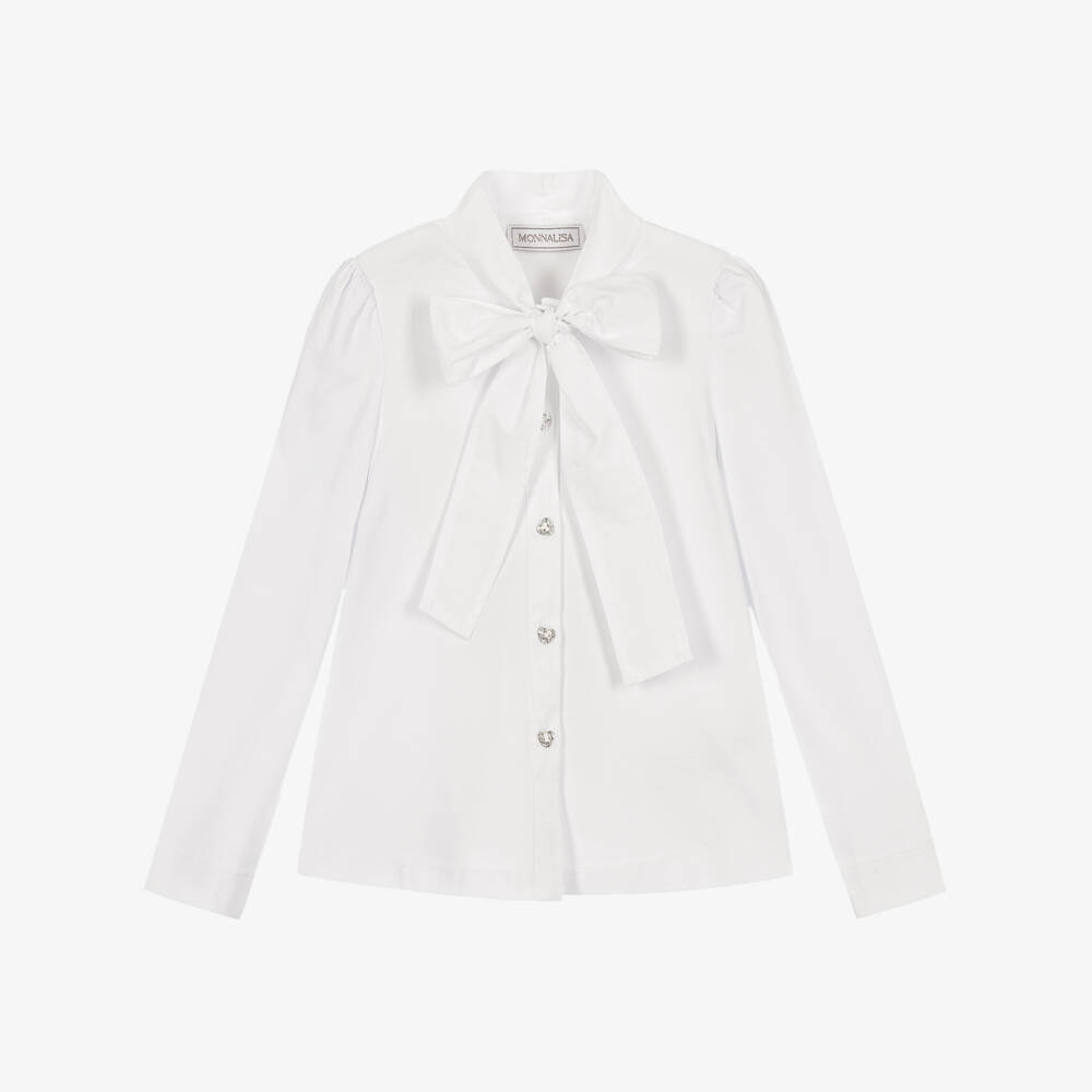 Monnalisa-Girls White Cotton Jersey Blouse with Neck Tie | Childrensalon