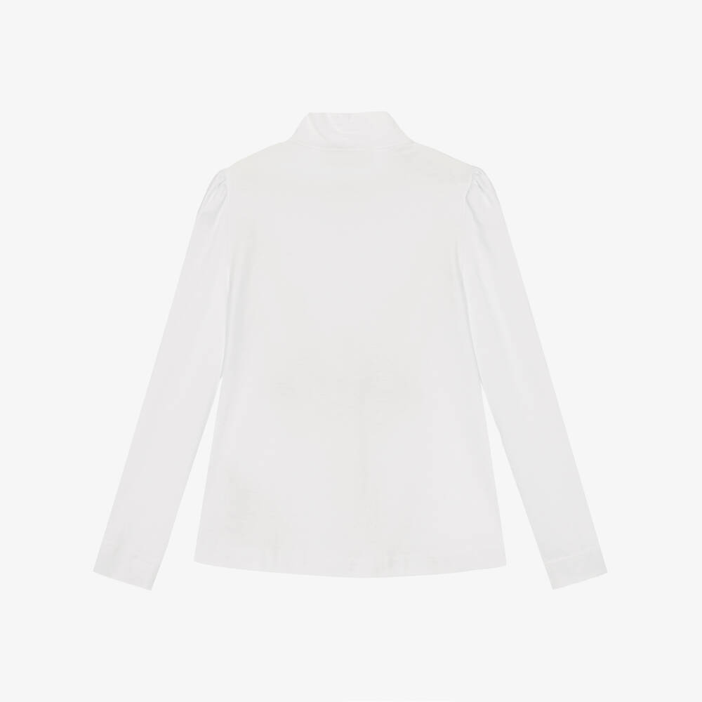 Monnalisa-Girls White Cotton Jersey Blouse with Neck Tie | Childrensalon