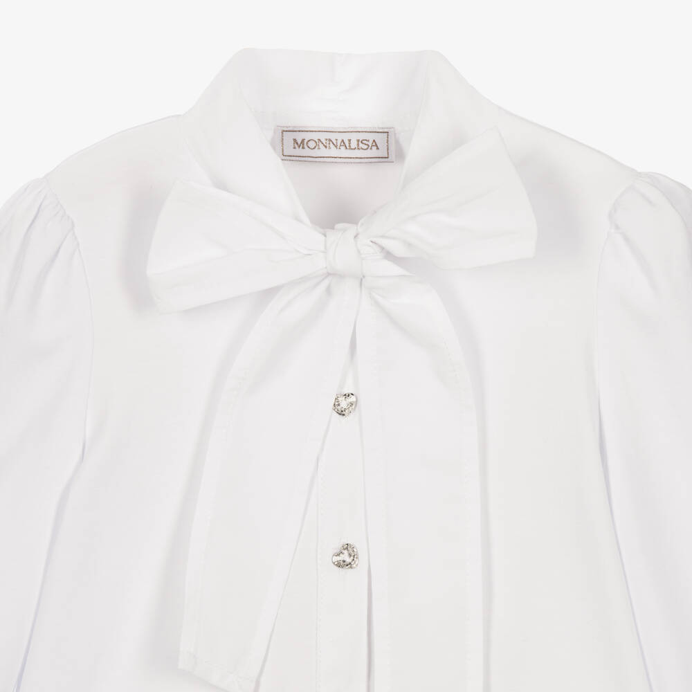 Monnalisa-Girls White Cotton Jersey Blouse with Neck Tie | Childrensalon