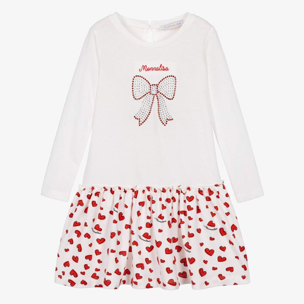 Monnalisa-Girls White Cotton Jersey Dress with Red Heart Prints | Childrensalon