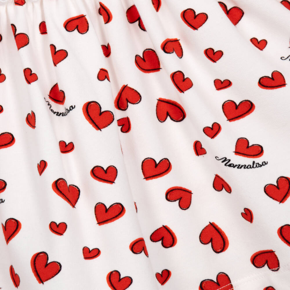 Monnalisa-Girls White Cotton Jersey Dress with Red Heart Prints | Childrensalon