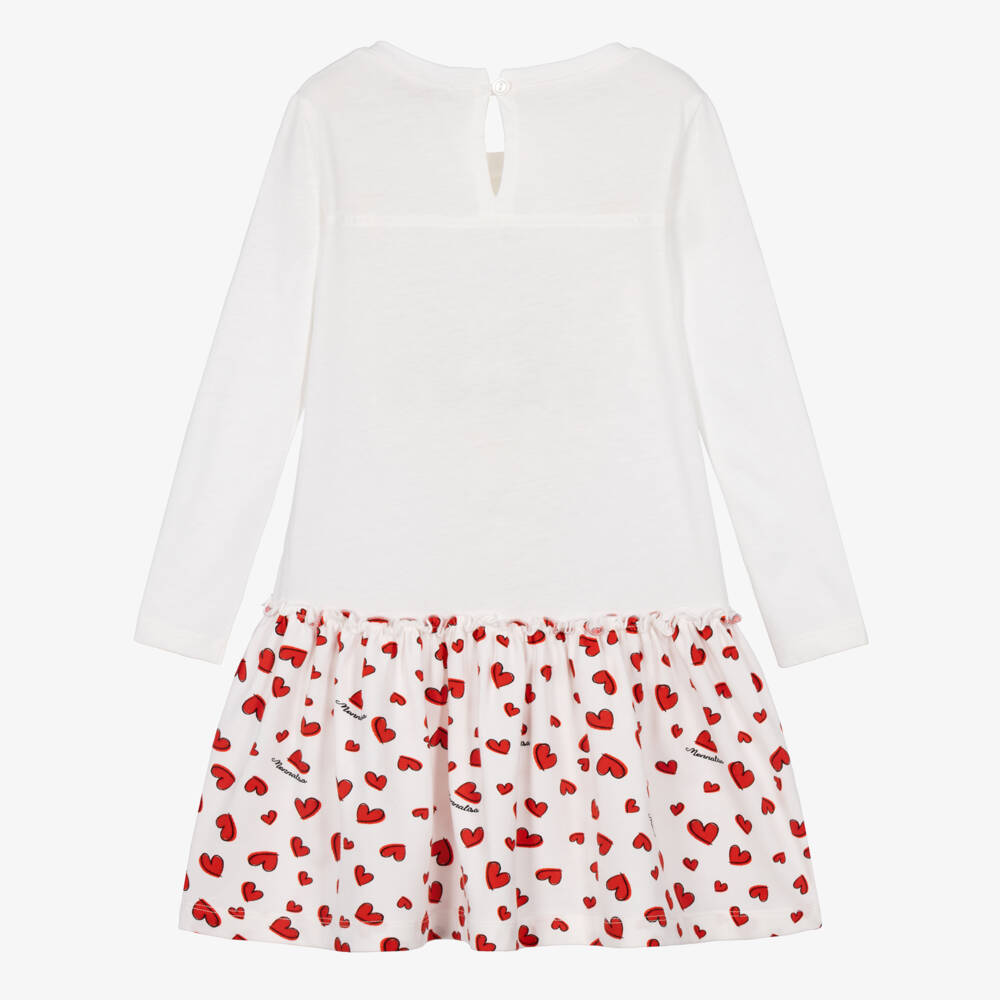 Monnalisa-Girls White Cotton Jersey Dress with Red Heart Prints | Childrensalon