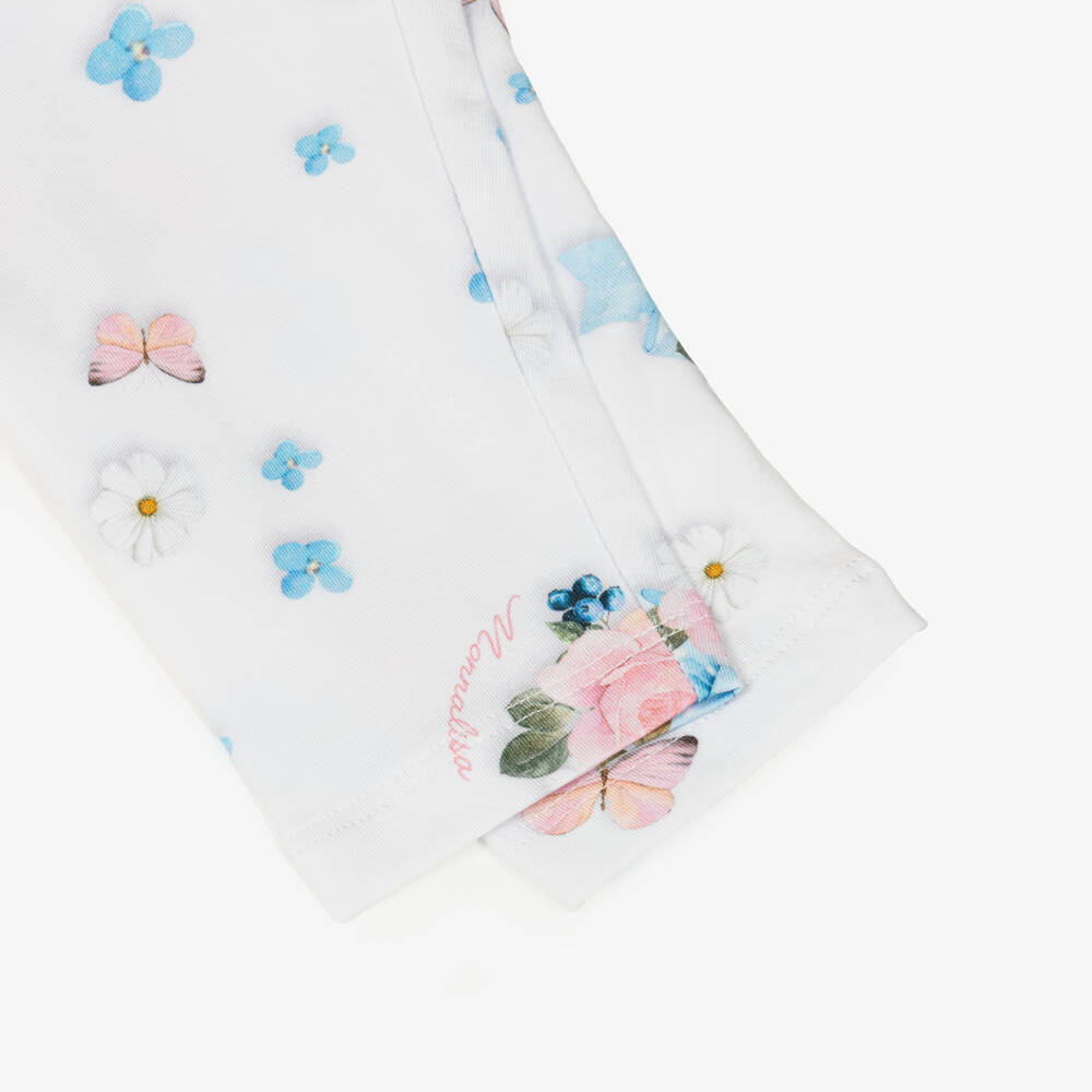 Monnalisa-Girls White Cotton Jersey Leggings with Floral Print | Childrensalon