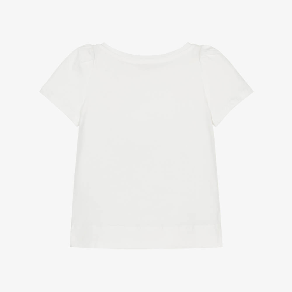 Monnalisa Chic-Girls White Cotton Jersey T-Shirt with Pink Bow Motif | Childrensalon