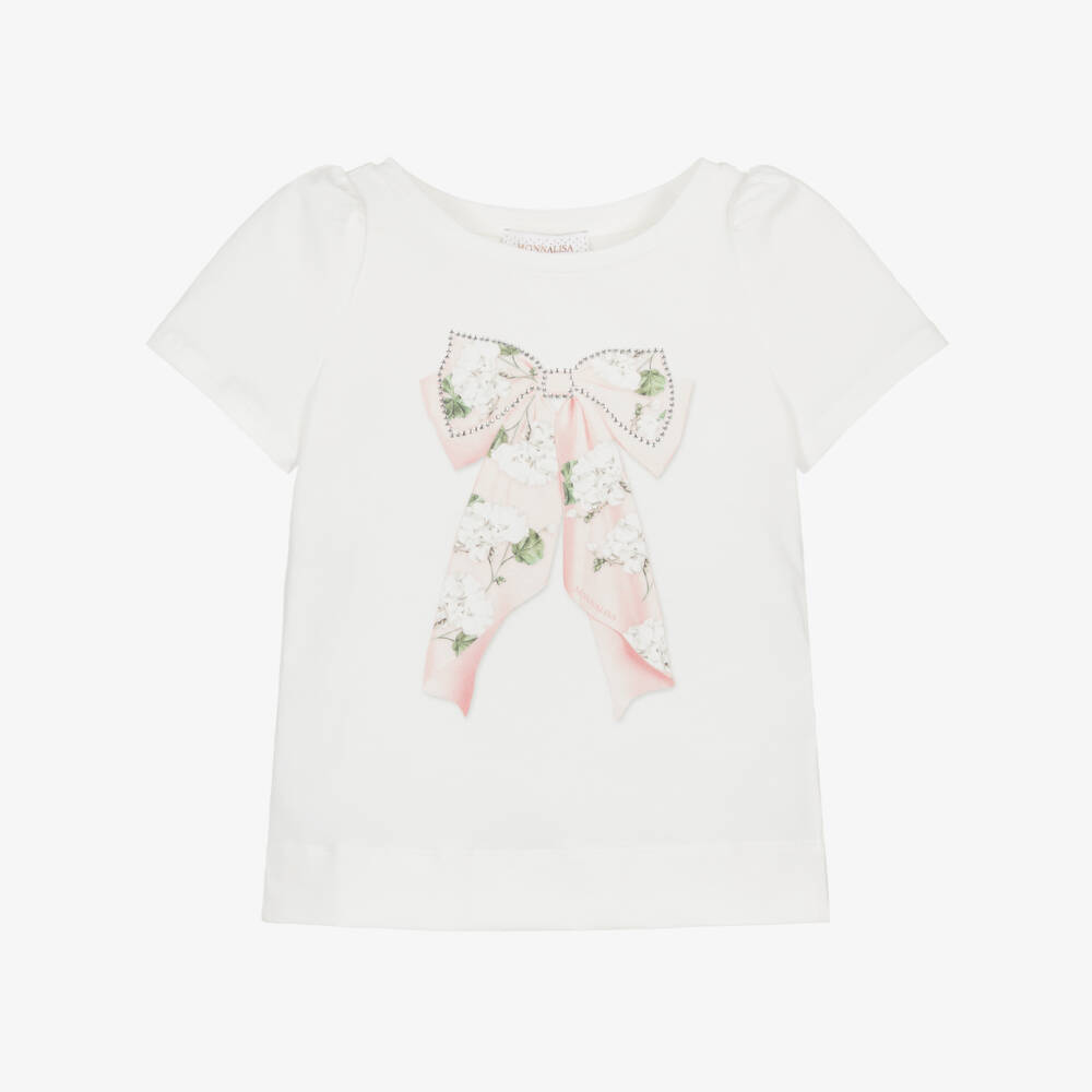Monnalisa Chic-Girls White Cotton Jersey T-Shirt with Pink Bow Motif | Childrensalon