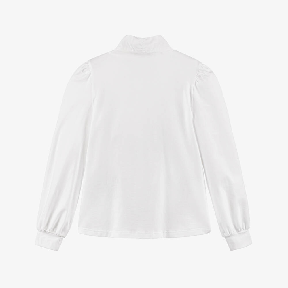 Monnalisa-بلوزة مع ربطة عنق قطن لون أبيض للبنات  | Childrensalon