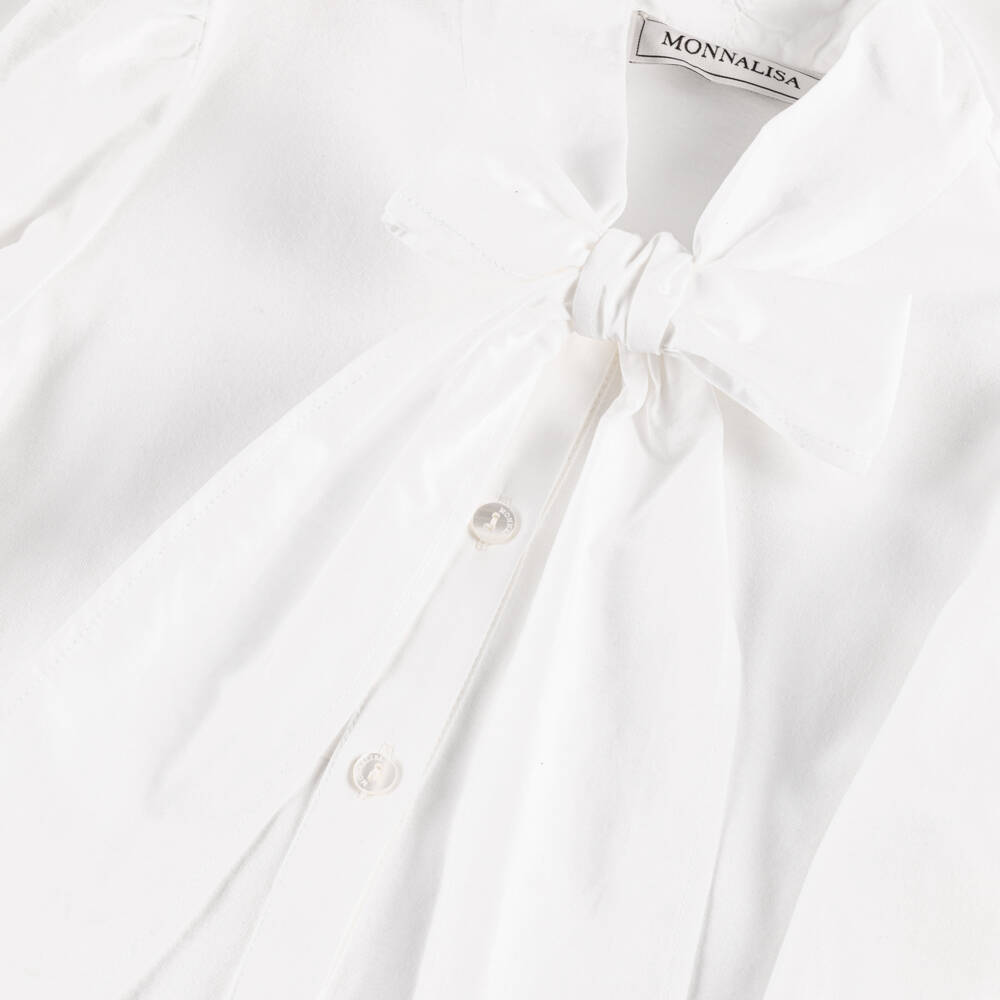 Monnalisa-بلوزة مع ربطة عنق قطن لون أبيض للبنات  | Childrensalon