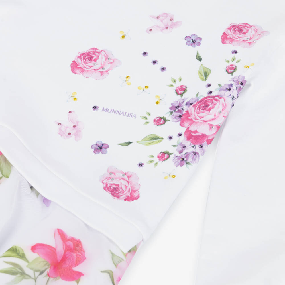 Monnalisa-Girls White Cotton Jersey & Tulle Dress with Floral Print | Childrensalon