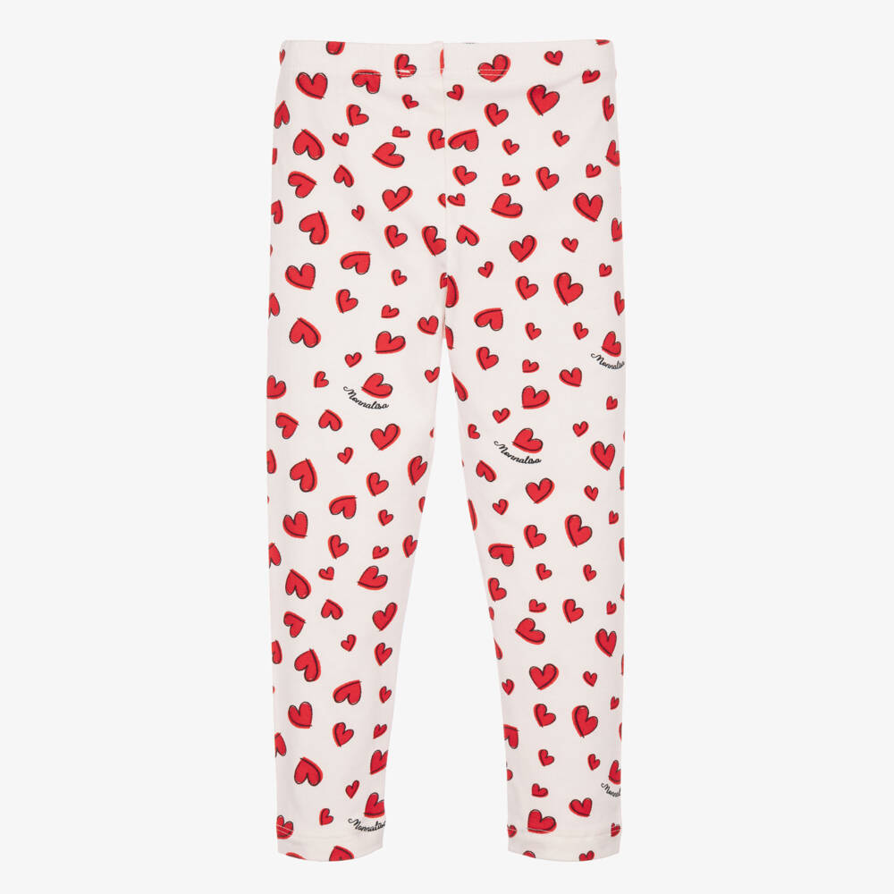 Monnalisa-Girls White Cotton Leggings with Red Heart Prints | Childrensalon