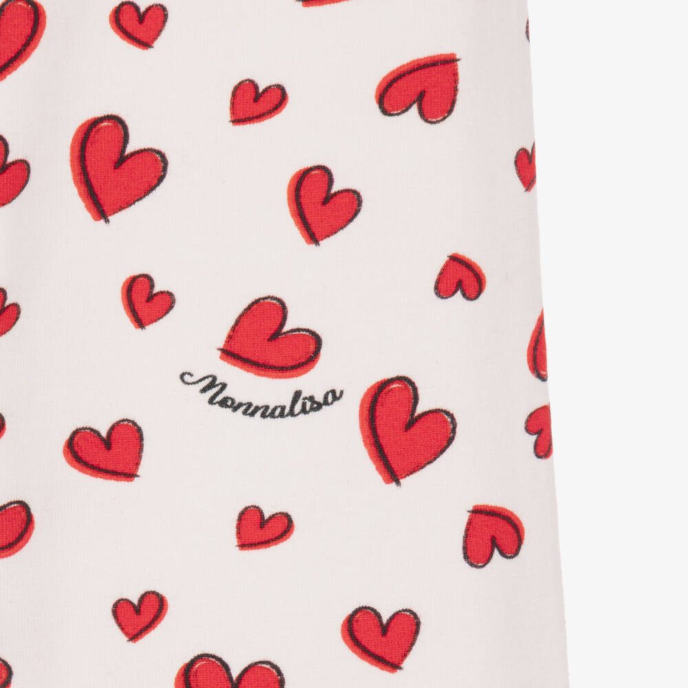 Monnalisa-Girls White Cotton Leggings with Red Heart Prints | Childrensalon