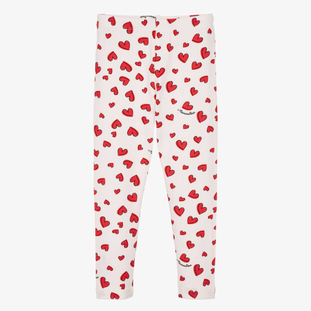 Monnalisa-Girls White Cotton Leggings with Red Heart Prints | Childrensalon