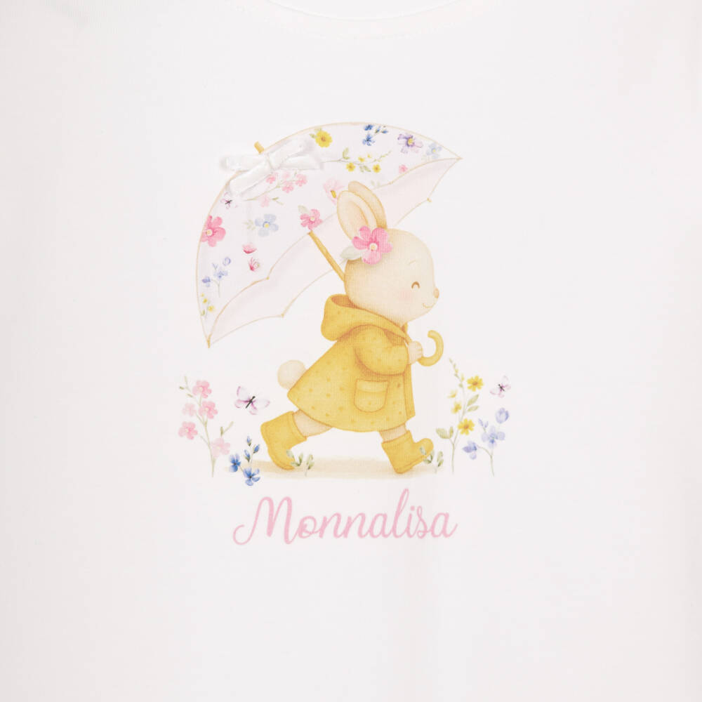 Monnalisa-Girls White Cotton Long-Sleeved Top with Bunny Print | Childrensalon