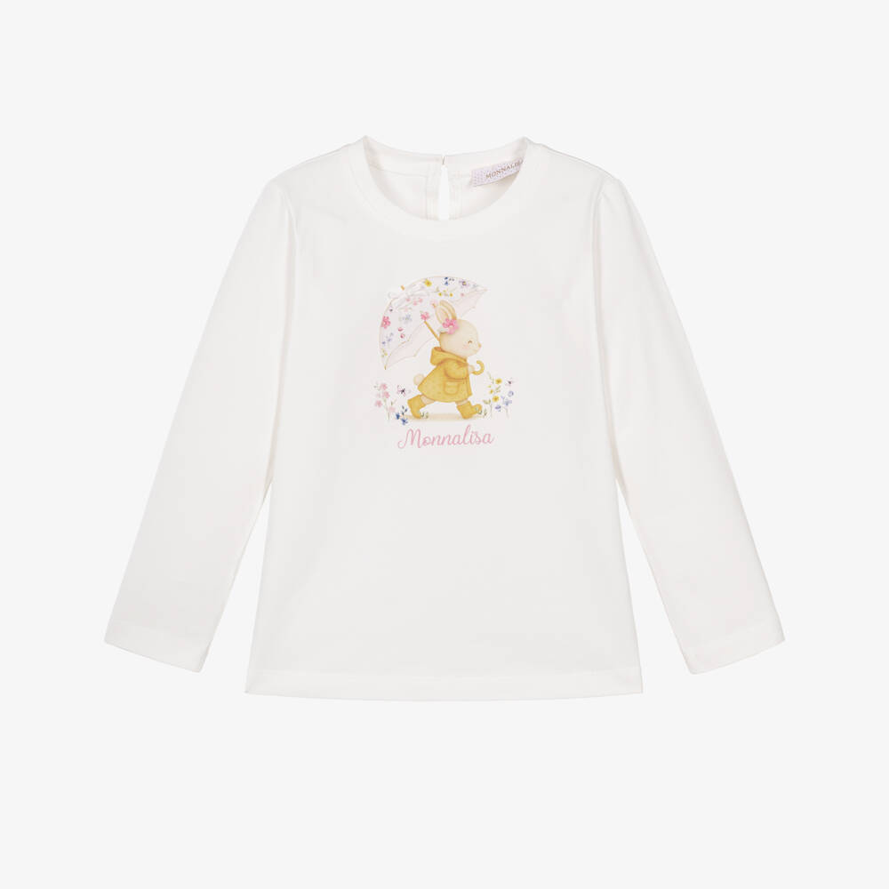 Monnalisa-Girls White Cotton Long-Sleeved Top with Bunny Print | Childrensalon