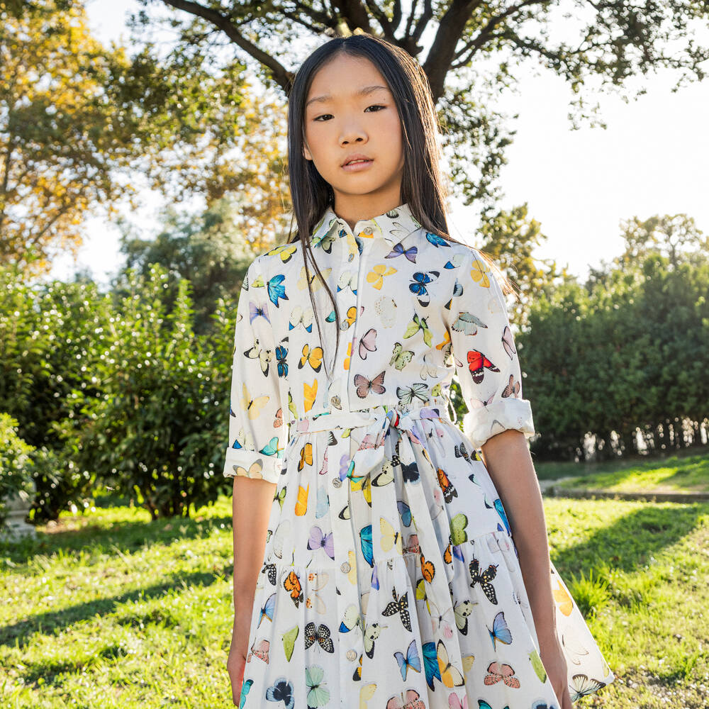 Monnalisa-فستان بطبعة فراشات قطن بوبلين لون أبيض للبنات | Childrensalon