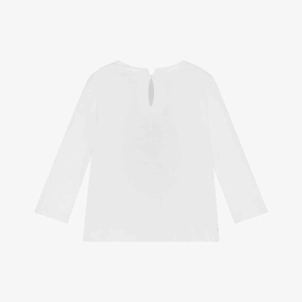 Monnalisa-Girls White Cotton Puppy Top with Pink Velvet Bow | Childrensalon