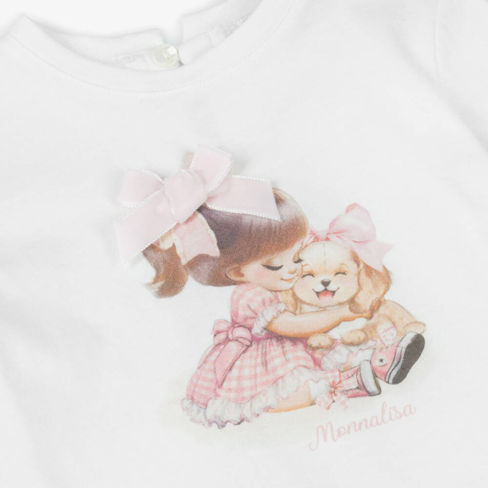 Monnalisa-Girls White Cotton Puppy Top with Pink Velvet Bow | Childrensalon