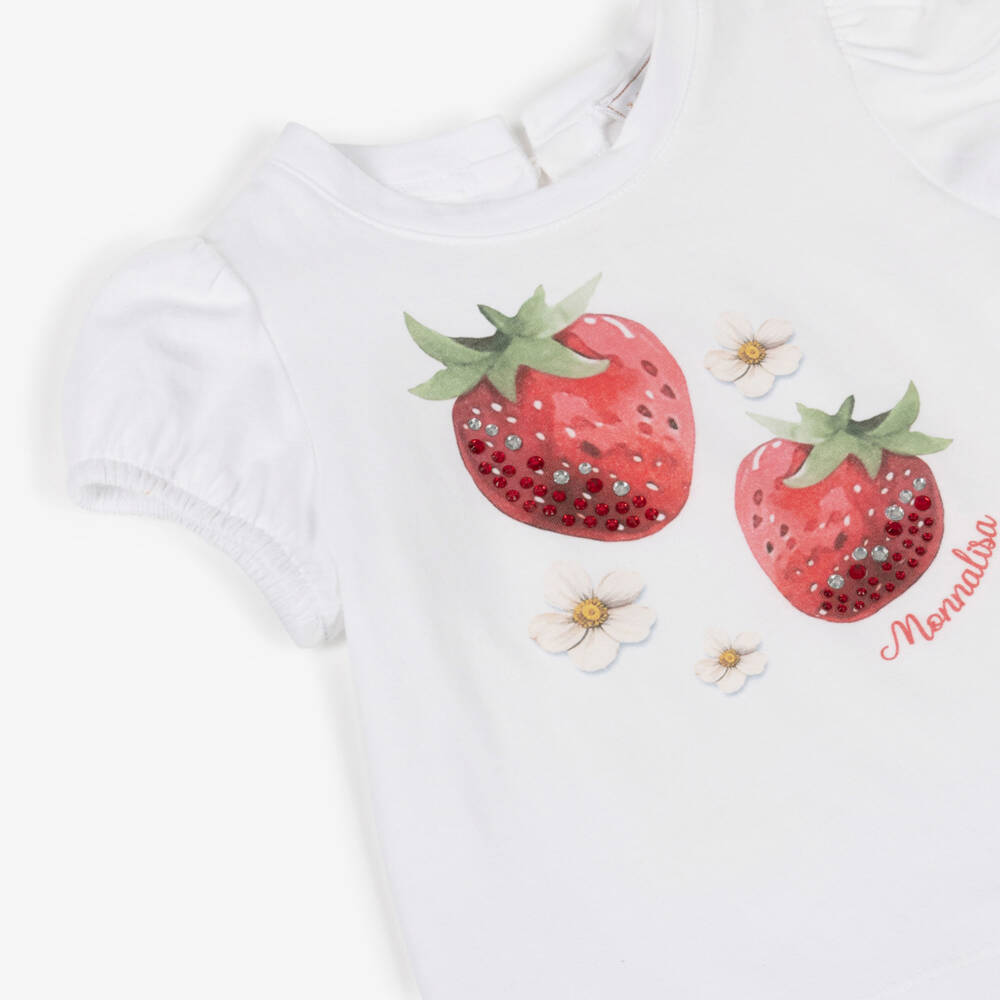 Monnalisa-تيشيرت قطن بطبعة الفراولة لون أبيض للبنات | Childrensalon
