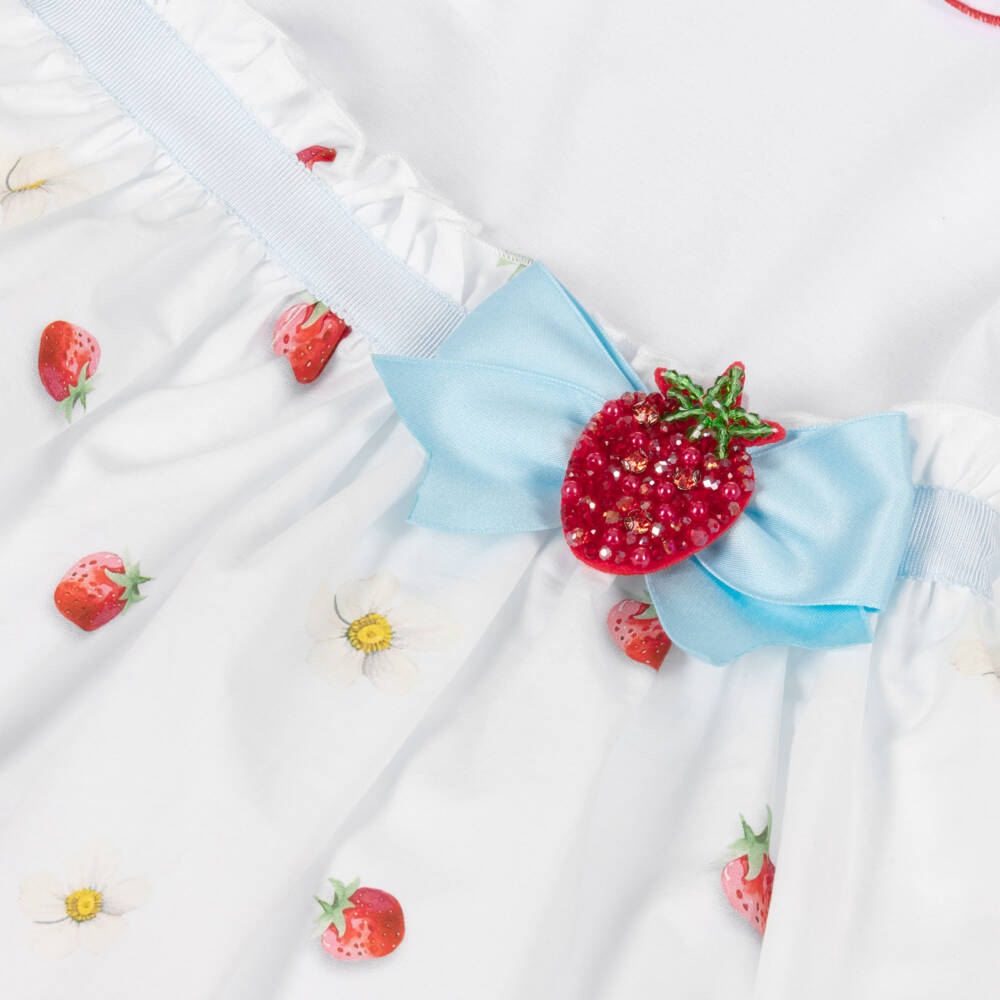 Monnalisa-Girls White Cotton Strawberry Cake Print Dress | Childrensalon