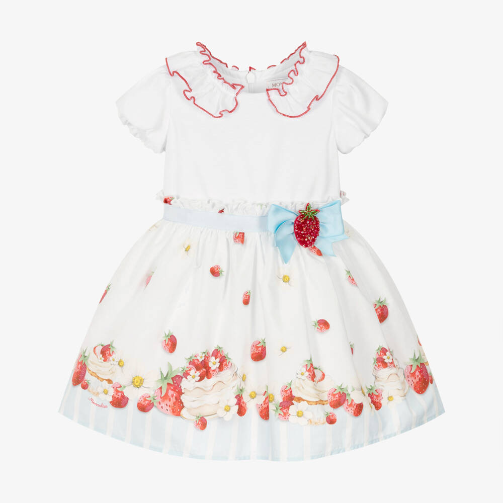Monnalisa-فستان بطبعة كيك وفراولة قطن لون أبيض للبنات | Childrensalon