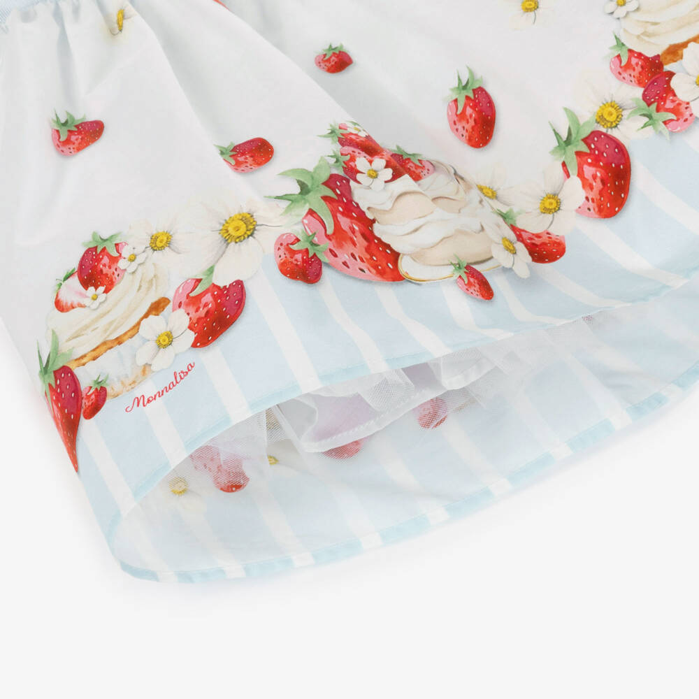 Monnalisa-فستان بطبعة كيك وفراولة قطن لون أبيض للبنات | Childrensalon