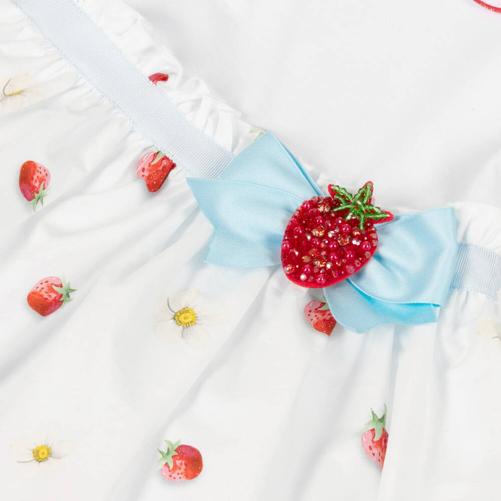Monnalisa-فستان بطبعة كيك وفراولة قطن لون أبيض للبنات | Childrensalon