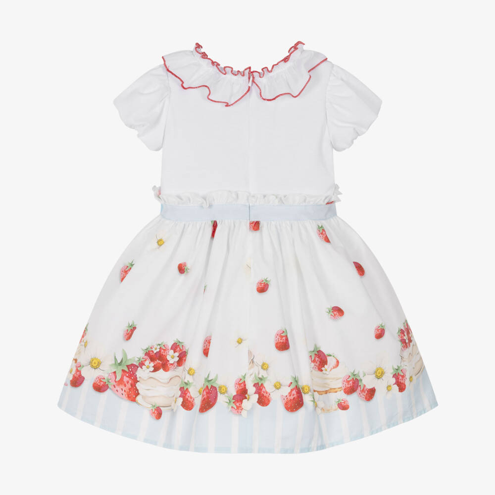 Monnalisa-Girls White Cotton Strawberry Cake Print Dress | Childrensalon