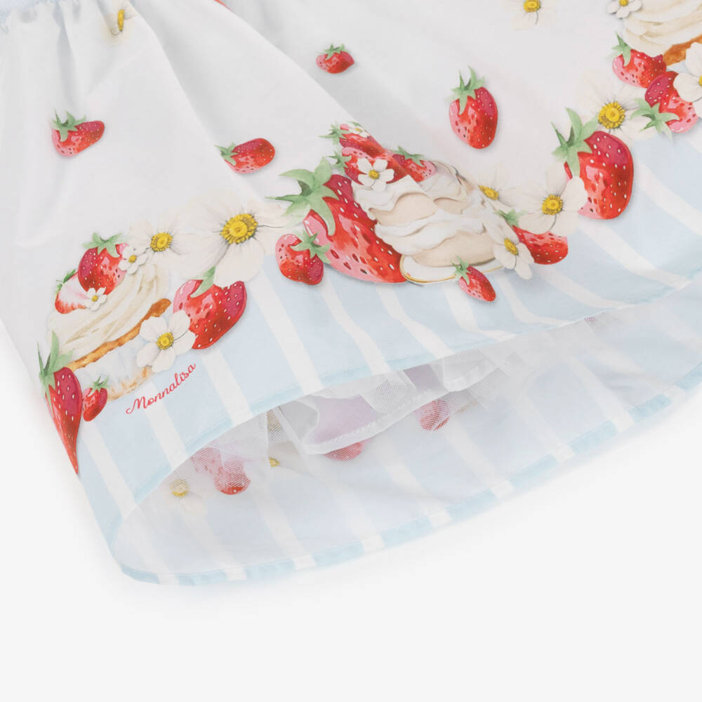 Monnalisa-Girls White Cotton Strawberry Cake Print Dress | Childrensalon
