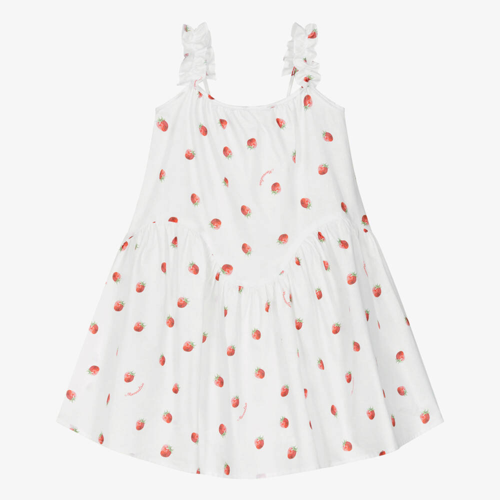 Monnalisa-Girls White Cotton Strawberry Print Beach Dress | Childrensalon