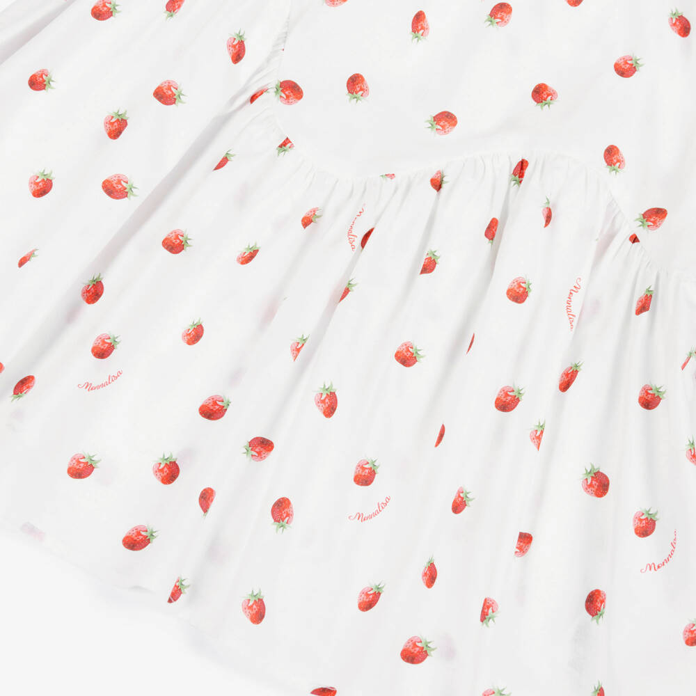 Monnalisa-Girls White Cotton Strawberry Print Beach Dress | Childrensalon