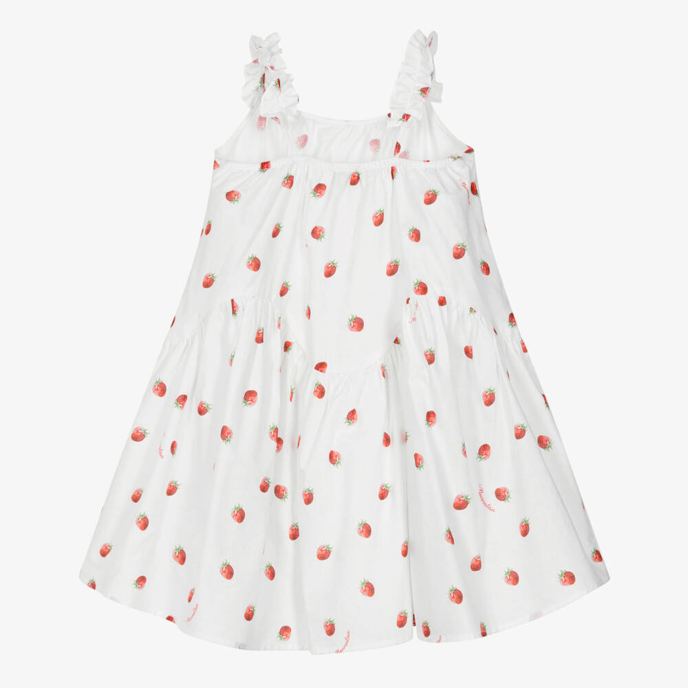 Monnalisa-Girls White Cotton Strawberry Print Beach Dress | Childrensalon