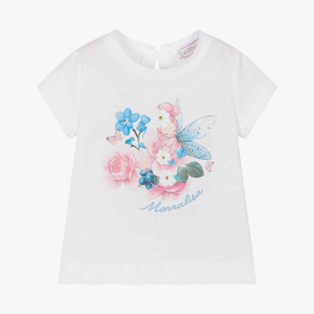Monnalisa-Girls White Cotton T-Shirt with Fairy Motif | Childrensalon