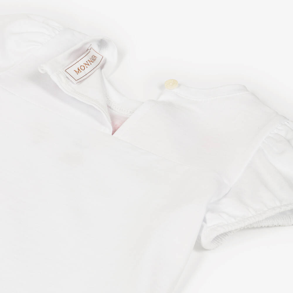 Monnalisa-Футболка белая из хлопка с розовыми и голубыми цветами для девочек | Childrensalon