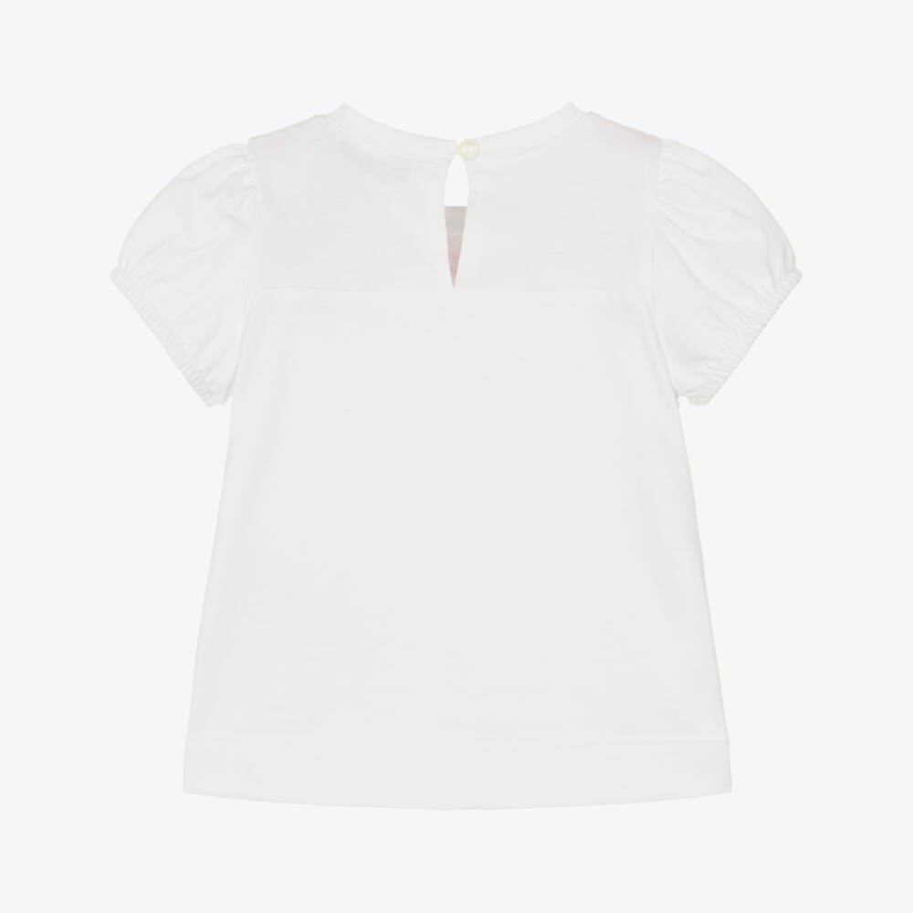 Monnalisa-Футболка белая из хлопка с розовыми и голубыми цветами для девочек | Childrensalon