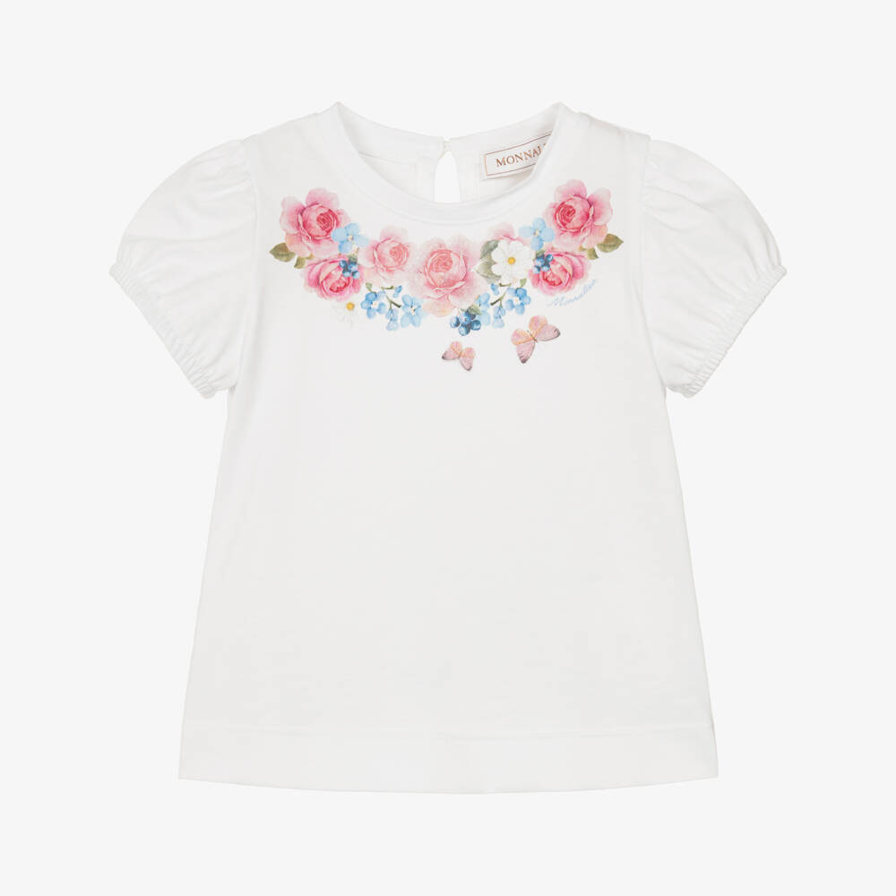 Monnalisa-تيشيرت قطن بطبعة ورود لون أبيض للبنات | Childrensalon